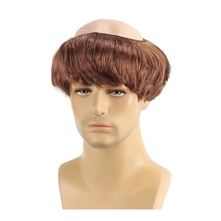 [Brun munkperuk] Brun rak kort herrrakad munkperuk | med mössa, perfekt för Halloween-kostym, temafester och rollspel (Cosplay)