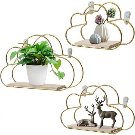 Metallhylle for vegg, dekorativ hengehylle, loftveggshylle, hyller for veggdekorasjon i stuen, soverommet, badet, kafé og hotell gull