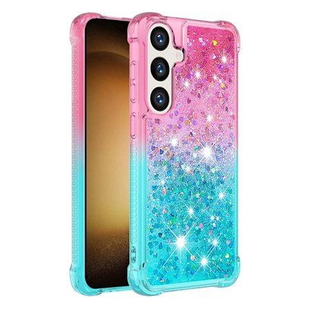 SKALO Samsung S24 Kvicksand Glitter Hjerter TPU Cover - Pink-Turkis