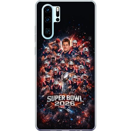 Yhteensopiva Puhelinkuori Huawei P30 Pro Super Bowl 2026 juliste, jossa New England Patriots ja NFL-mestaruuspalkinto räjähtävän urheilullisessa suunn