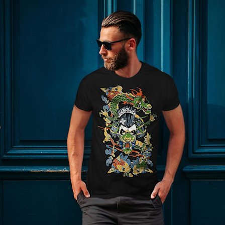 Dragon Face Japan Män Svart-skjorta | Wellcoda