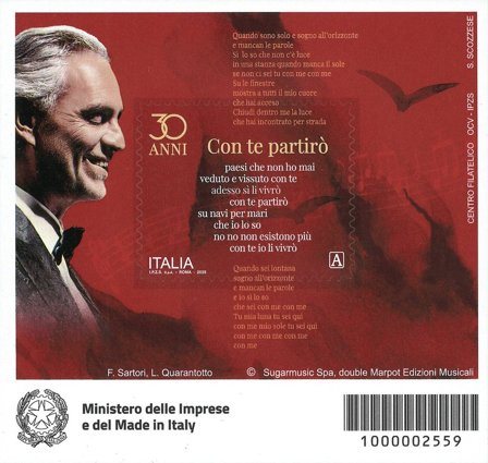 "Italien - 30 årsdagen for sangen"Con te Partiro" - Postfrisk miniark"