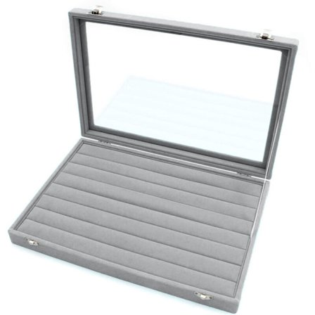 Ringförvaringslåda - Smyckeskrin för ringar med glaslock i ringdisplayfodral med 2 säkerhetslås 8 kolumner för smycken, ringar, grå