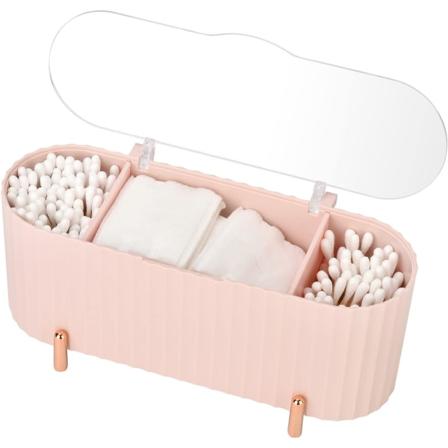 Makeup-arrangör förvaringsbehållare, ABS-hållare, 3 fack badrumsarrangör skönhetsmakeup förvaringsorganisatör för bomullspads, bomullstops, rosa