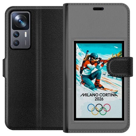 Kompatibelt Lommeboketui til Xiaomi 12T Retroplakat Cortina Milano 2026 med fjell, vintersportsutøvere, italienske trikolor, Milano-katedralen og olym