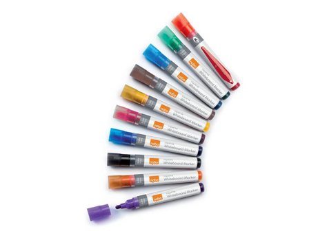 NOBO Whiteboardpenna Liquid rund mixade färger 10/fp - Lyreco - Kontorsmaterial - Pennor - Whiteboardpennor - Rund spets