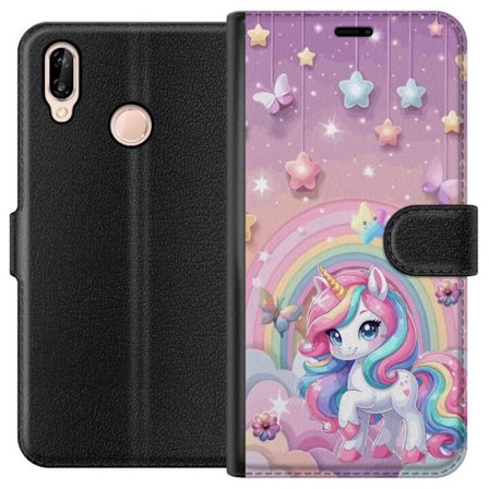 Kompatibelt Lommeboketui til Huawei P20 lite Magisk enhjørning med regnbue manke, stjerner og sommerfugler mot en pastellhimmel med skyer