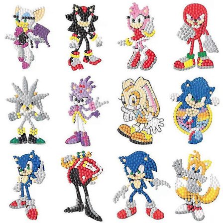 12 st Sonic Diamantmålning Dekaler Set för Barn, DIY 5D Cartoon Spel Kul Diamantkonst Mosaik Dekaler efter Siffror Set