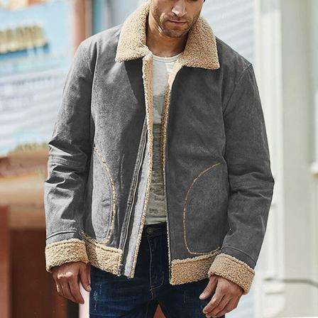 Män Dragkedja Lapel Neck Fuzzy Fleece Ytterkläder Långärmad Jacka