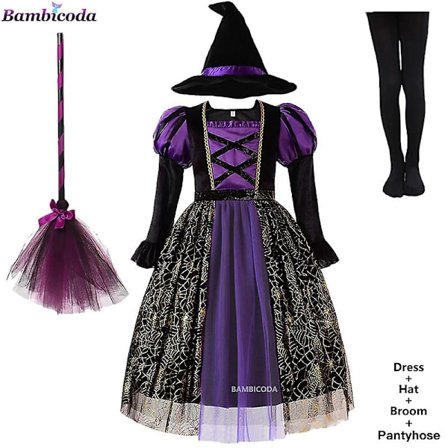 Halloween Barnekjoler Jenter Heks Festkjole Gotisk Spøkelse Kostyme Barn Kjole Robe Tutu Kjole Heks Hatt For Purim Karneval Fest -a