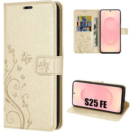 Beskyttelsesskal - BOOLING - til Samsung Galaxy S25 FE - Stødabsorberende Syntetisk Læder Guld Butterfly Mønster
