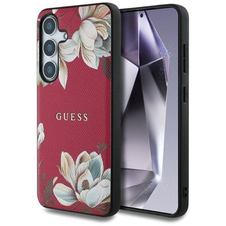 Guess Grained Printed Flower Pattern MagSafe-etui til Samsung Galaxy S25 fuchsia
