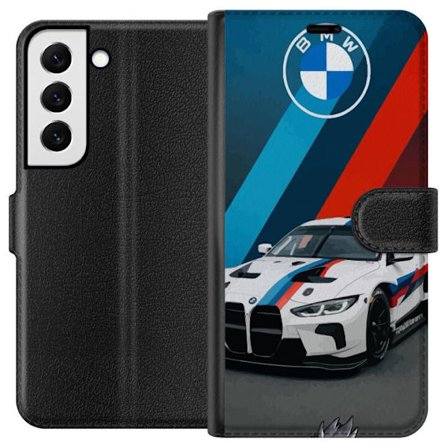 Kompatibelt Plånboksfodral till Samsung Samsung Galaxy S22 5G BMW M Sport design med vit racingbil och klassiska M ränder exklusivt bilmotiv perfekt