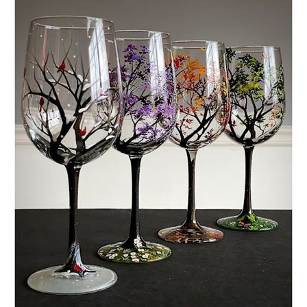 Firetræ Vin Glas Sæt - Forår Sommer Vinter Efterår - Håndmalet Kunst - Unik Gave til Bryllup Jubilæum Fødselsdag Indflytning