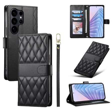 Samsung Galaxy S26 Ultra Plånboksfodral Rhombus Stitching Konstläder - Svart
