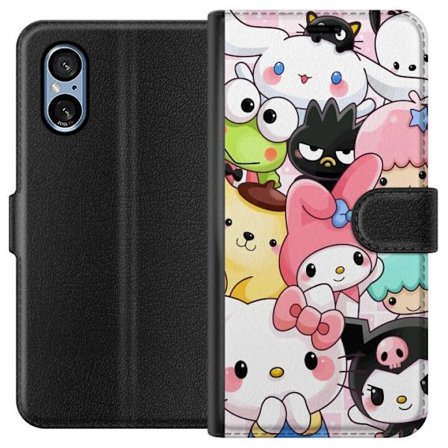 Kompatibelt Lommeboketui til Sony Xperia 5 V Tett mønster av søte figurer med store øyne i ulike farger og uttrykk med LABUBU-tekst