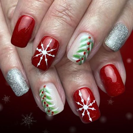24-pack Festliga Falska Naglar Röda Glimmer Snöflingor Toppar Enkel Applicering