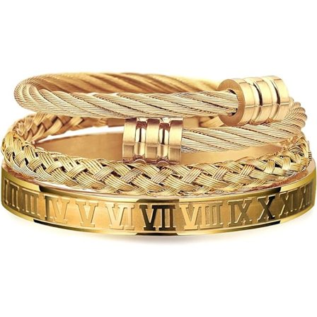 3PCS Rostfritt Stål Armband för Män Guld Romerska Siffror Bangle Armband Twisted Cable Armband Justerbart Manschett Armband Herr Lyx Smycken
