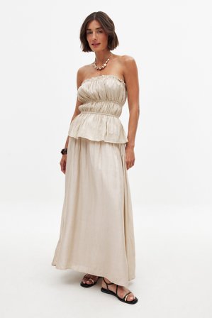 NA-KD - Lang skjørt i bomull med vidde - Plisserte skjørt - Beige - EU 32