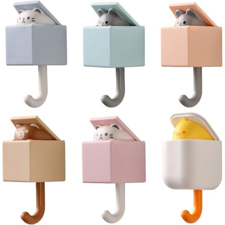 Sett med 6 søte dyreformede selvklebende kroker, uttrekkbare kontorveggkroker, barnekrok, håndkleholder, nøkkelholder, veggkrok for inngangsparti