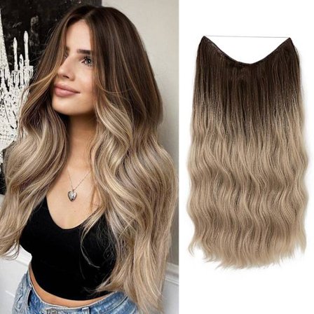 Halo Hair Extensions Osynlig tråd Vågigt lockigt långa syntetiska hårstycken för kvinnor Justerbart pannband 8TT16 24 inch