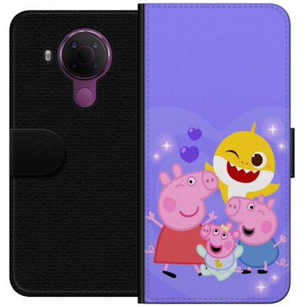 Kompatibelt Lommeboketui til Nokia 5.4 Peppa Gris mønster med hjerter, sommerfugler og venner, lys rosa bakgrunn i myke barneillustrasjoner