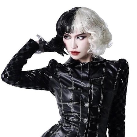 Sort og hvid heks kuila cos paryk kvinde halv sort halv hvid kort krøllet fuld paryk