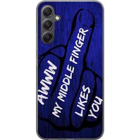 Kompatibelt Mobildeksel til Samsung Galaxy A35 Mørk typografisk illustrasjon med hjerteform og budskap om vennskap mot dyp blå tretekstur