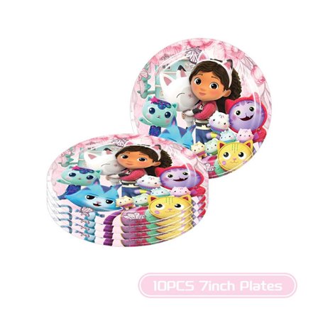 Gabby Dollhouse Födelsedagsfest dekorationer Bordsservis klistermärken Popcorn Box Serviser Rosa ballonger Fest gynnar barnens födelsedag