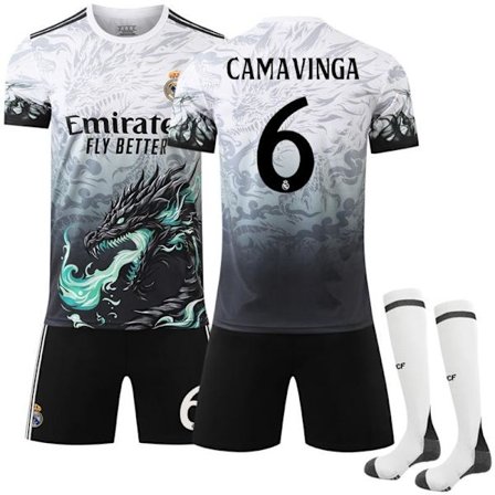 24-25 Real Madrid Qinglong Special Edition Dragon valkoinen jalkapallopaita nro 6 sukkien kanssa lapsille ja aikuisille