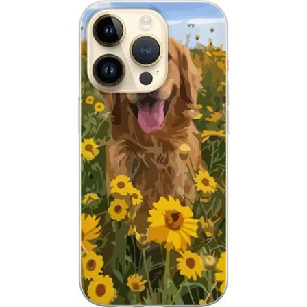 Apple iPhone 15 Pro Gennemsigtig cover Golden Retriever Solrosmark Hundemotiv Natur Sommer Design Populær Hunderace Familiefavorit