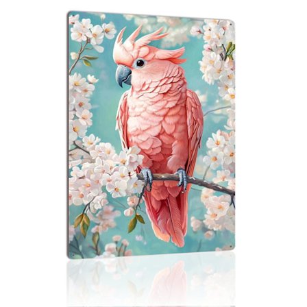 Pink Kakadue Metalskilt Tropisk Fugl På Kirsebærblomster Vintage Metalskilt Plade Til Fugleelskere Forår Hjem Væg