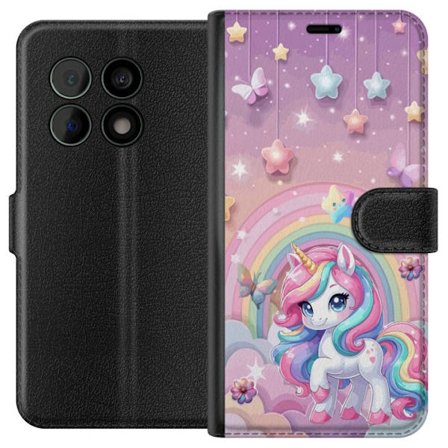 Kompatibel Tegnebogsetui til OnePlus 10 Pro Magisk enhjørning med regnbue manke, stjerner og sommerfugle mod en pastelfarvet himmel med skyer