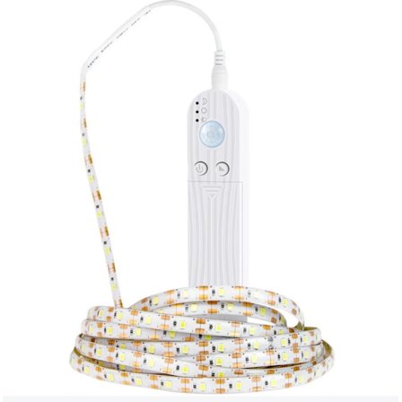 LED-stripe med bevegelsessensor, 2m batteridrevet LED-stripe med IR-fjernkontroll, 3500K, varmt hvitt, for belysning av soverom, garderober og 