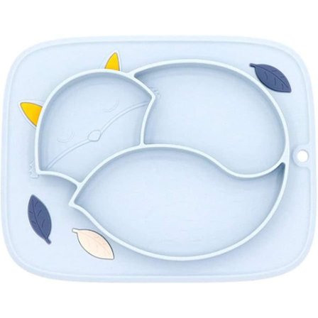 Silikone middagstallerken til børn med inddelte rum, skridsikker silikone sugekop, tallerken til småbørn, Blå ræv KYA