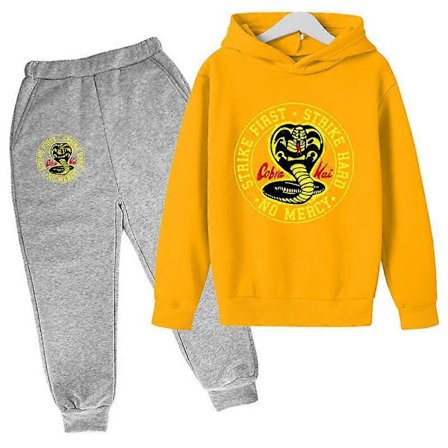 Forår Efterår Drenge Casual Cobra Kai Print Langærmet Pullover Hættetrøje+Bukser Tøj 2 STK Træningsdragt 4-14 År Pige Drenge Tøj