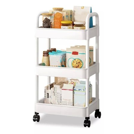 Multifunktionel opbevaringsvogn, 3 niveauer, på hjul, 360°, hvid KLB