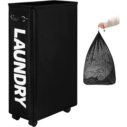 Förstorad smal tvättkorg med avtagbar tvättsäck på hjul, hopfällbar rullande tvättkorg, hopfällbar smal hörnförvaring för kläder