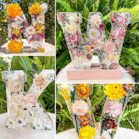 Pressede Blomster Resin Bogstaver med LED Lys, Floral Resin Natlampe, 26 Bogstavs Valg Dekorativ Gave, 50% Rabat
