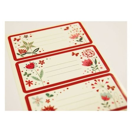 12 självhäftande etiketter - Rektangel - Blommor och hjärtan - Glitter