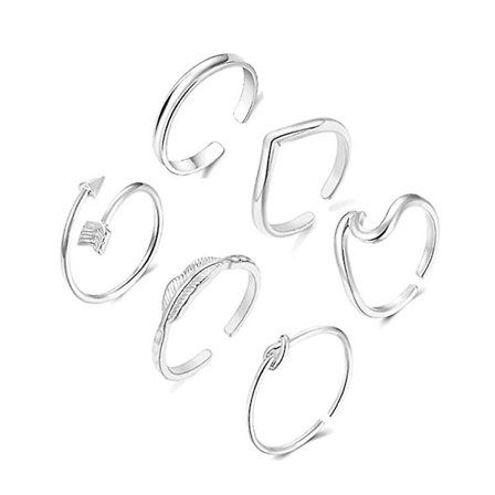6-pack justerbara ringar för kvinnor, silverfärgade stapelbara fingerringar med pil, knut, knogar och öppna tunna band