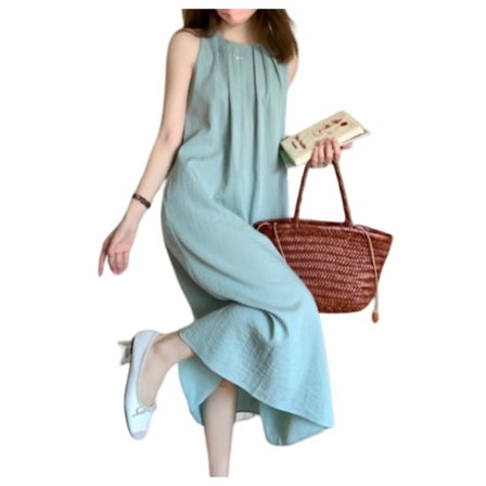 Dam Sommarklänning Utan Ärm Plisserad Vågig Svängd Strandlång Klänning Solklänning (Grön L)