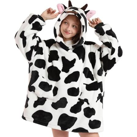 Oversized hættetrøje-tæppe til børn - blødt, varmt og hyggeligt bærbart tæppe-sweatshirt i fleece og sherpa med lommer Cow