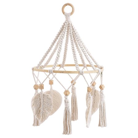 Käsinkudottu seinävaate, lehdet, tupsut, kodin sisustus, lastenhuone, makuuhuone, riippuva koriste, valokuvausrekvisiitta