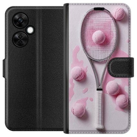 Kompatibel Tegnebogsetui til OnePlus OnePlus Nord CE3 Rosa glaskugler og tennisketsjer i et kreativt stillbillede med legende popfølelse og moderne d