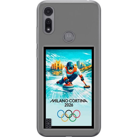 Kompatibel Mobilcover til Motorola Moto E6i Ishockeyillustration med spillere i bevægelse på isen, Milano Cortina 2026, Milano-landemærker og olympisk