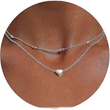 Halsband med lager på lager-hjärta, silverfärgat pärlhalsband för kvinnor och flickor