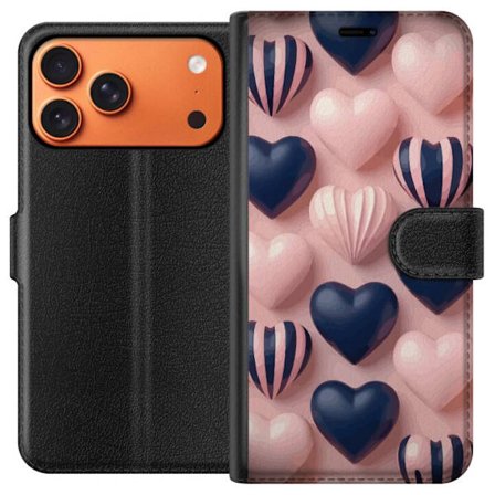 Yhteensopiva Lompakkokotelo Apple Apple iPhone 17 Pro Max Pehmeät kolmiulotteiset sydämet vaaleanpunaisessa ja merensinisessä sävyssä romanttises