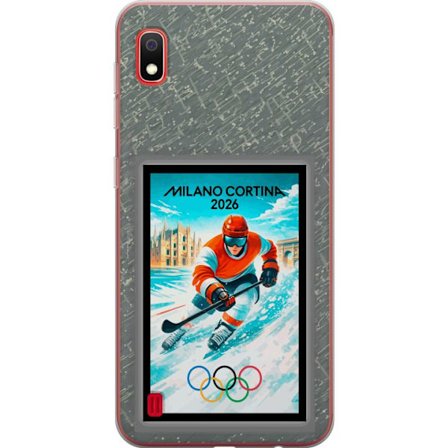 Yhteensopiva Puhelinkuori Samsung Galaxy A10 Curlingkuvitus pelaajilla ja kivillä jäällä, Milano Cortina 2026, lumisia roiskeita ja olympiasormukset