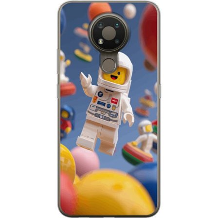 Kompatibelt Mobilskal till Nokia 3.4 LEGO-inspirerad astronautfigur i rymden bland färgglada planeter, lekfull 3D-illustration för barnrum, affische